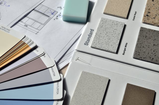paint swatches and examples of different flooring